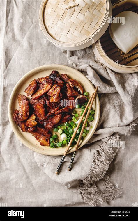 Chinese Traditional Dish Cantonese Bbq Pork Belly With Spring Onion