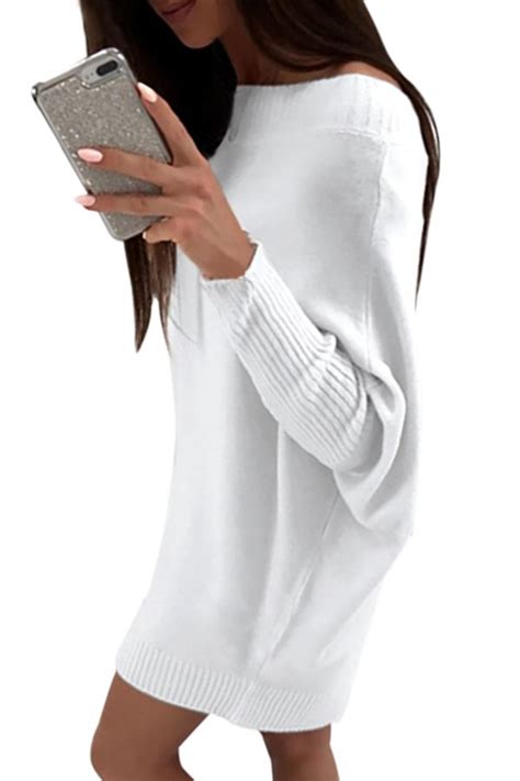 White Baggy Long Sleeve Stylish Sweater Dress White Long Sleeve