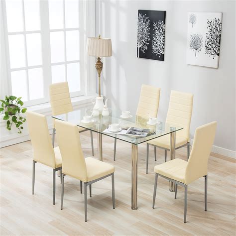 Mecor Dining Table Set With Leather Chairs Kitchen Furniture Beige 7