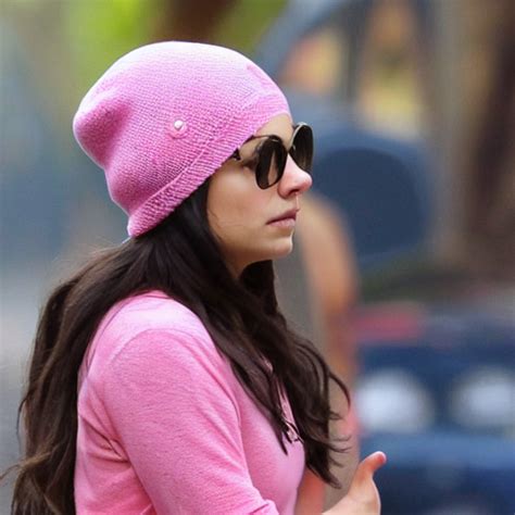 Prompthunt Mila Kunis Wearing A Pink Beanie Cap And Pink Shirt And Large Oval Eyeglasses