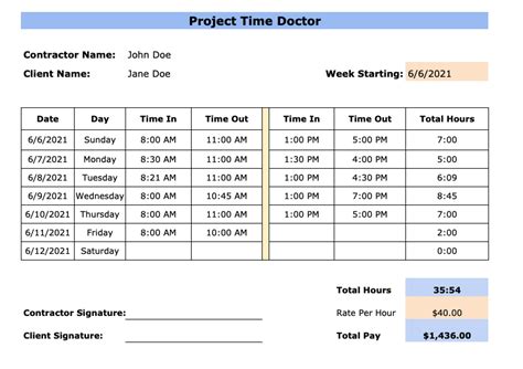 Free Contractor Timesheet Templates Word Excel Pdf
