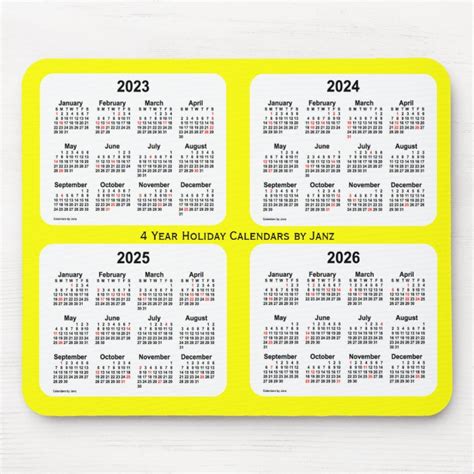 2023 2026 Yellow Holiday Calendar By Janz Mouse Pad