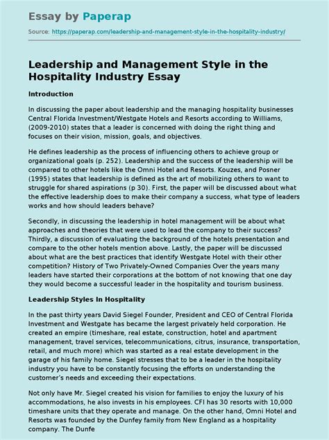Leadership And Management Style In The Hospitality Industry Free Essay