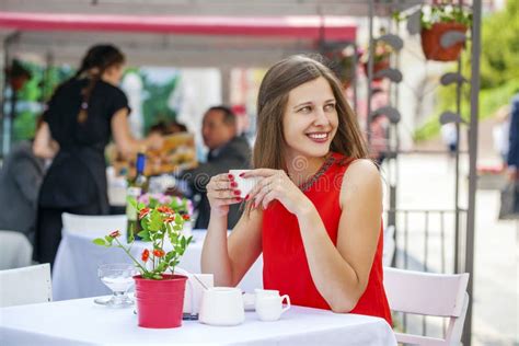 Beautiful Brunette Girl Sitting In A Coffee Shop Stock Image Image Of People Caucasian 57698113