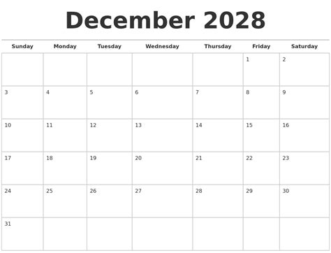 December 2028 Calendars Free