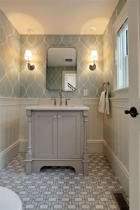 Grey Vanity With Wallpaper And Patterned Tile Encoreco