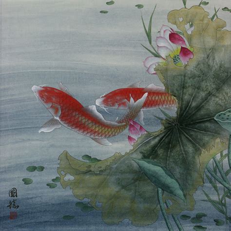 Koi Fish And Lotus Flower Asian Art Painting Asian Koi