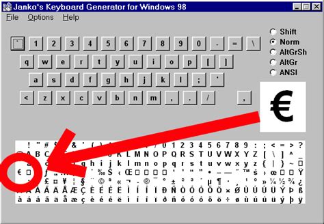 Below is the complete list of windows alt key numeric pad codes for currency symbols & signs and other symbols related to money and finance, their corresponding html entity numeric character references and, when available, their corresponding html entity named character references. Janko's Keyboard Generator For Windows 98 -- Euro works