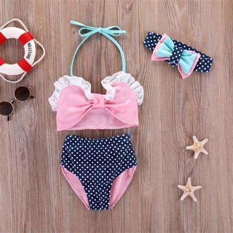 3 Teiliges Süßes Neckholder Bikini Und Stirnband Set Für Babymädchen