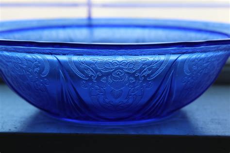 Cobalt Blue Depression Glass Serving Bowl Royal Lace Vintage 1930s
