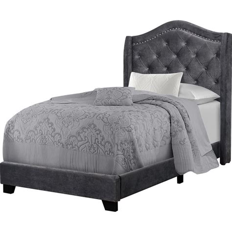 Monarch Velvet Tufted Chrome Nailhead Trim Twin Arched Panel Bed In