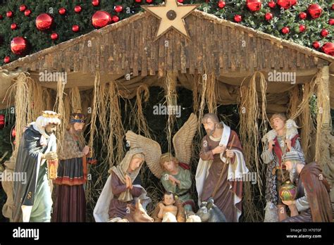 Christmas In Bethlehem Nativity Scene By The Christmas Tree In Stock