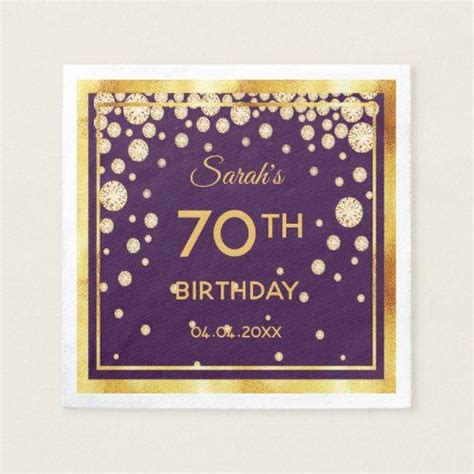 70th Birthday Party On Purple With Golden Diamonds Napkins Zazzle