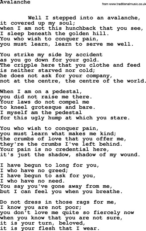 Leonard Cohen Song Avalanche Lyrics