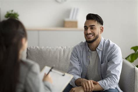 Effective Psychotherapy Happy Middle Eastern Man Talking To His