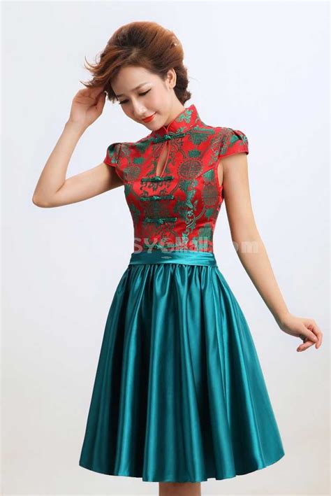 mandarin collar short sleeve knee length short cheongsam chinese dress sygmall