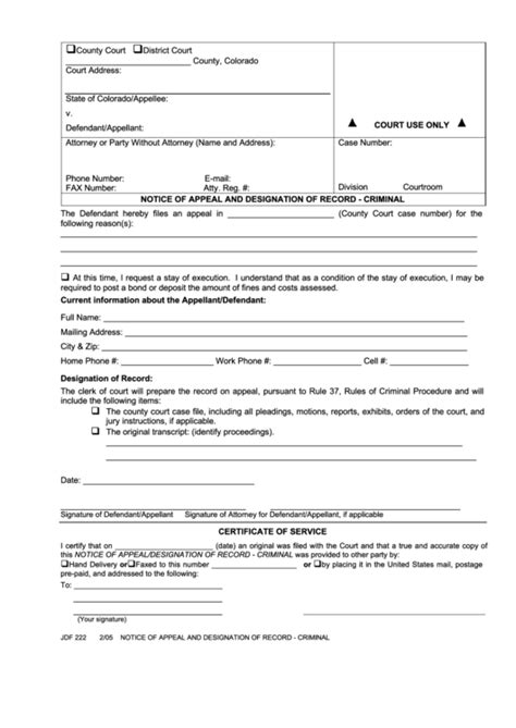 Fillable Notice Of Appeal And Designation Of Record Criminal Template