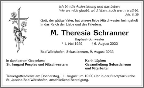 Traueranzeigen Von M Theresia Schranner Augsburger Allgemeine Zeitung