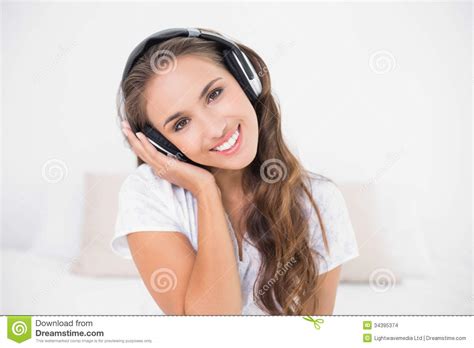 Cheerful Attractive Brunette Listening To Music Stock Photo Image Of