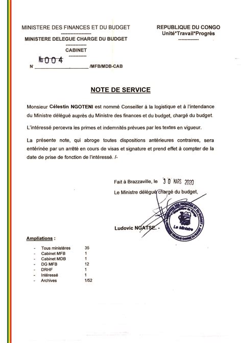 Note de service n°004/MFB/MDBCAB relative à la nomination du