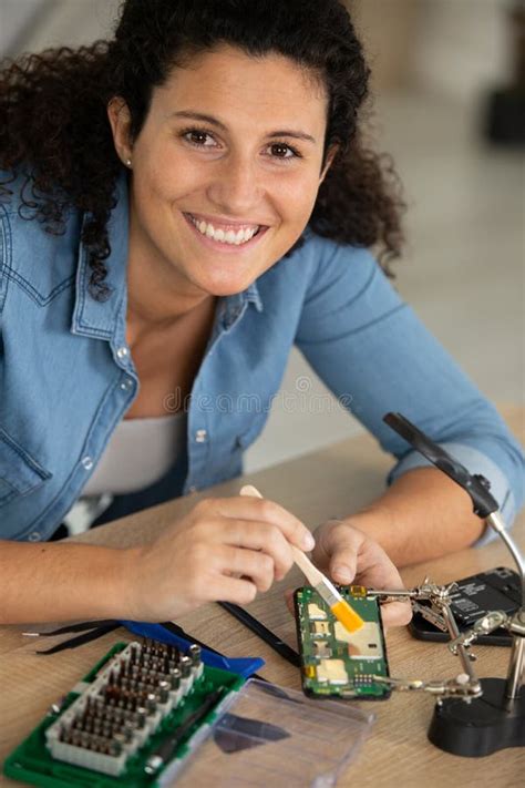 Happy Woman Technician Fixing Computer Stock Image Image Of Industry