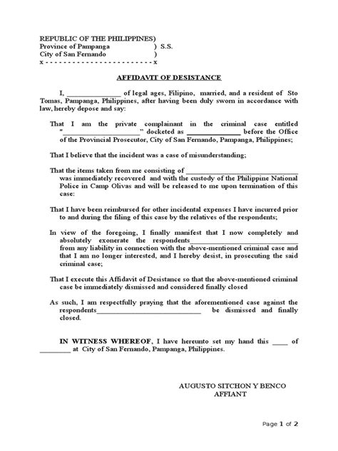 Sample Of Affidavit Of Desistance