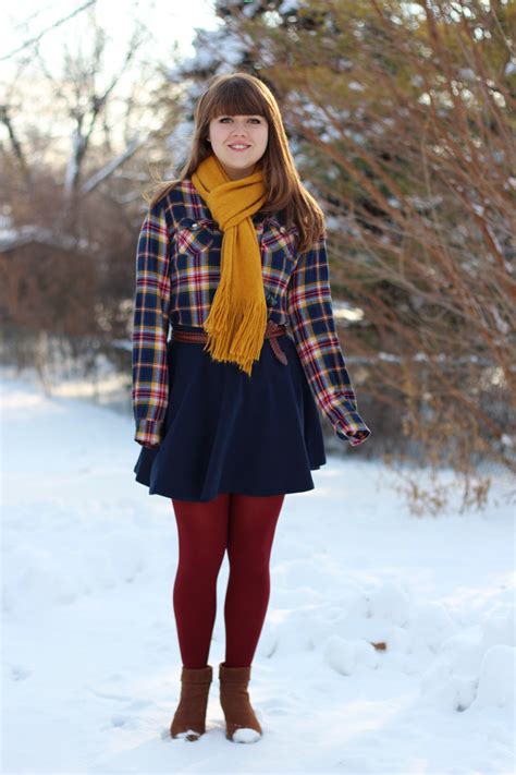 A Jeanie Outfit Flannel Shirt Navy Skater Skirt Mustard Scarf And Dark Red Tights Petite Panoply