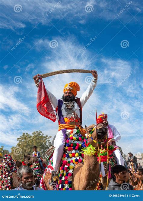 Indian Rajasthani Handsome Man In Traditional Clothes Camel Festival In Rajasthan India