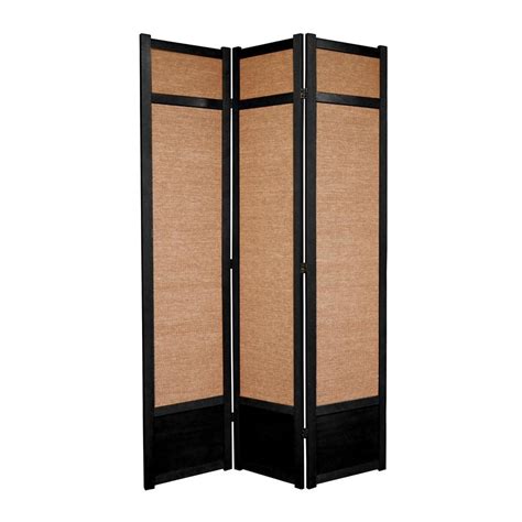 Oriental Furniture Jute 3 Panel Black Wood And Fabric Folding Indoor