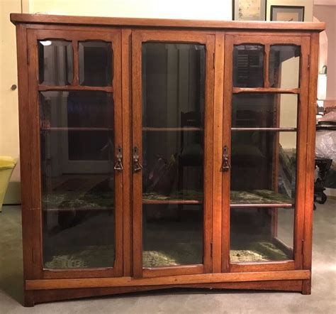 Free Antique Glass Wood Display Cabinet With Original Crushed Velvet Shelf Lining In