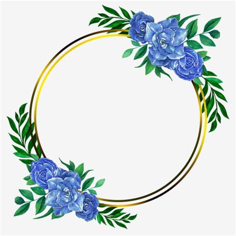 Circle Gold Frame With Blue Rose And Leaves Blue Clipart Watercolor
