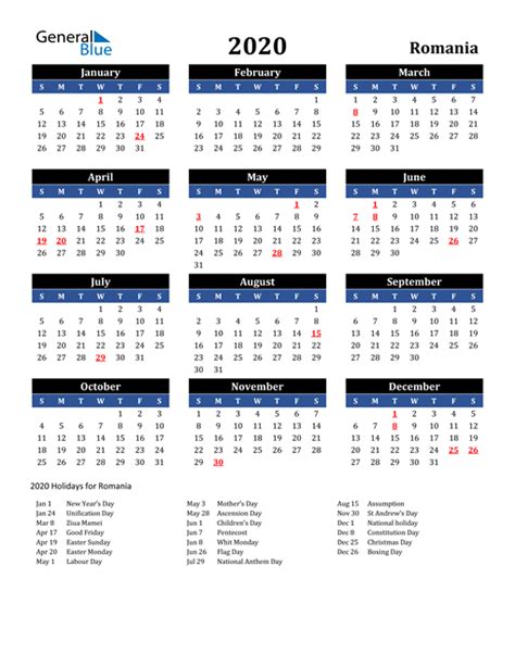 2020 Romania Calendar With Holidays