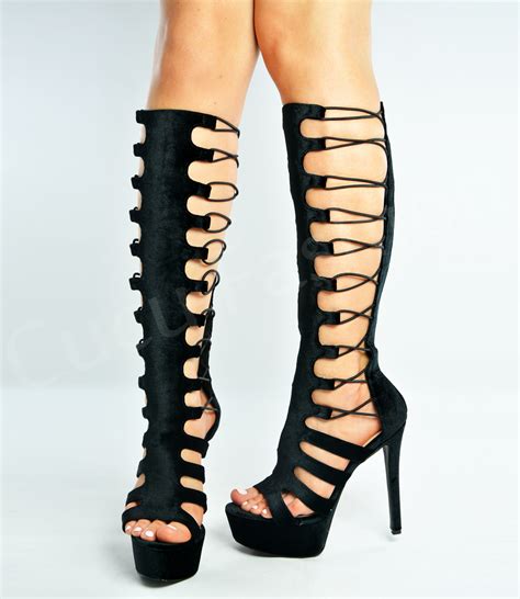 Womens Ladies Gladiator Sandals Knee High Stiletto Heel Platforms Shoes