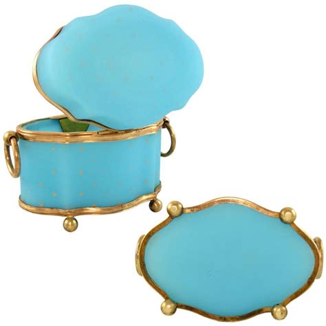Antique French Blue Opaline Glass Gilt Hand Painted Bronze Jewelry Box