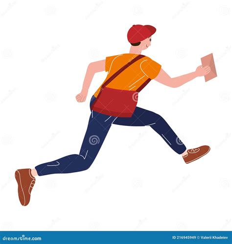 Postman Running With Bag Delivering Letter In Envelope Mailman In Cap
