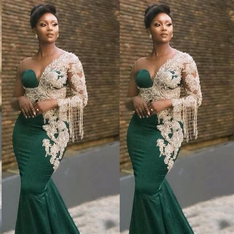 Wuzhiyi Aso Ebi African Beaded Green Satin Mermaid Prom Dress Luxury