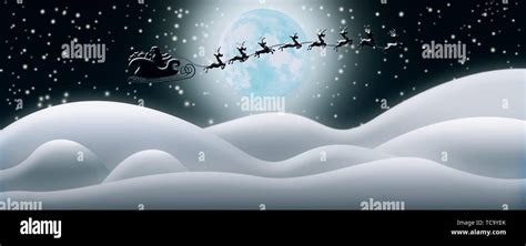 Santa Claus Rides Reindeer Sleigh In Christmas Night Over The Snow