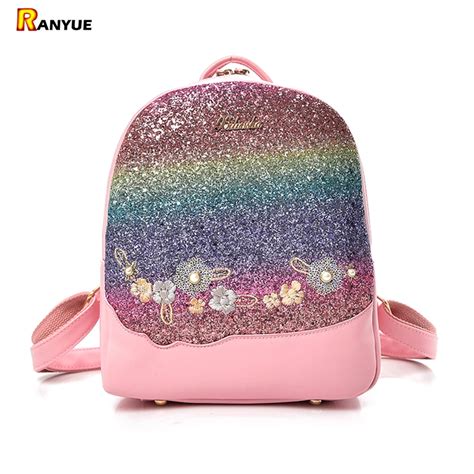 Bling Glitter Shining Color Sequins Backpack Women Backpack Floral Embroidery Pu Leather