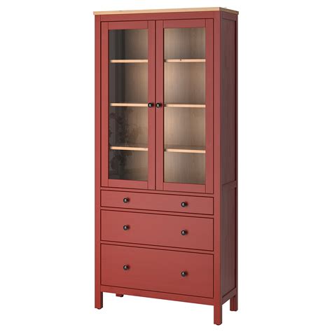 Hemnes Glass Door Cabinet With 3 Drawers Red Stained Light Brown