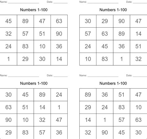 Numbers 1 100 Bingo Cards Wordmint