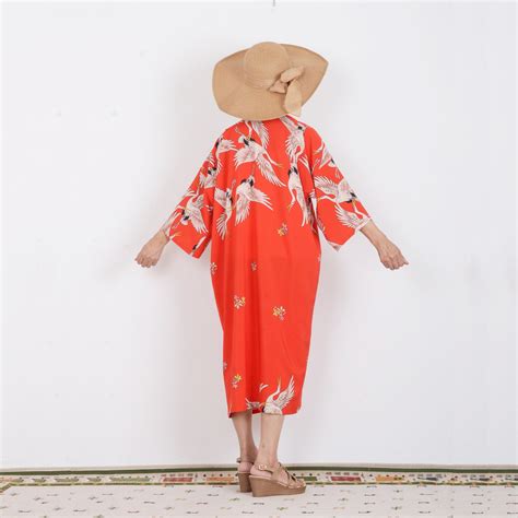 Crane Kimono Red Kimono With Sleevesummer Cover Upholiday Etsy