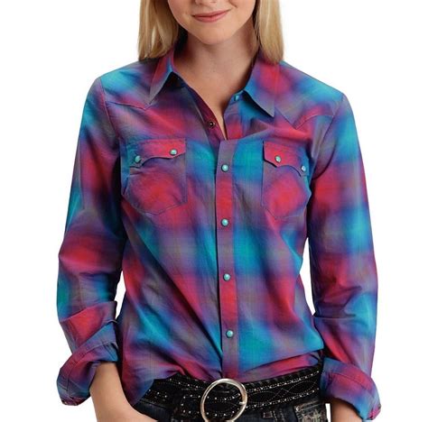 Roper Womens Western Shirt Small Long Sleeve Plaid Pearl Snap Blue Hot