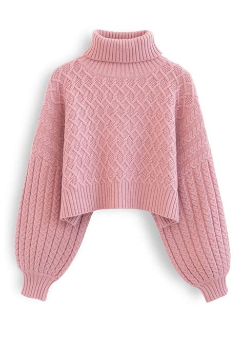 Turtleneck Cable Knit Cropped Sweater In Pink Retro Indie And Unique
