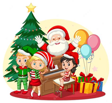 Premium Vector Children Celebrating Christmas With Santa Claus