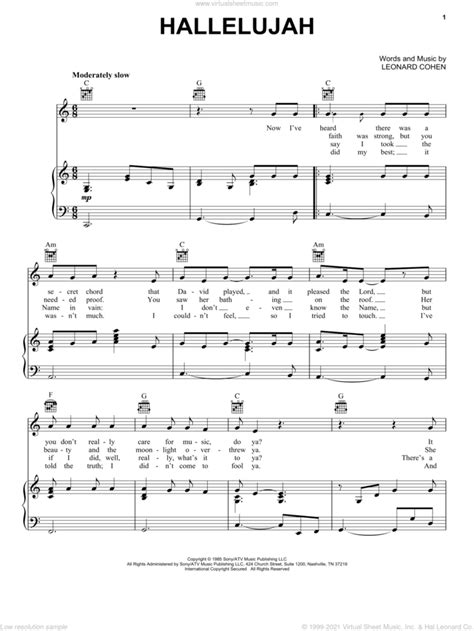 Leonard Cohen Hallelujah Sheet Music For Voice Piano Or Guitar