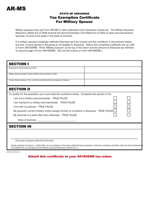 Fillable Form Ar Ms Tax Exemption Certificate For Military Spouse