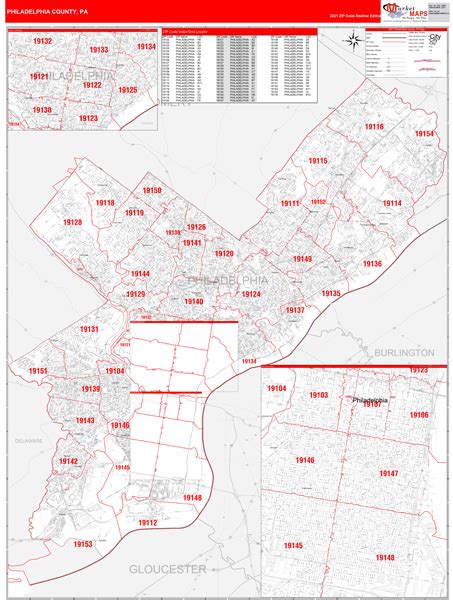 Philadelphia County, PA Zip Code Wall Map Red Line Style by MarketMAPS