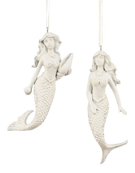 Coastal White Mermaid Distressed Resin Holiday Ornaments Set Of 2