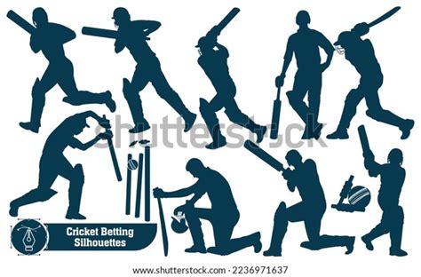 Cricket Player Betting Silhouettes Different Poses Stock Vector