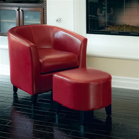 Dark wood bookshelves and tables work for a. Astoria Red Leather Club Chair & Ottoman Set - Modern ...